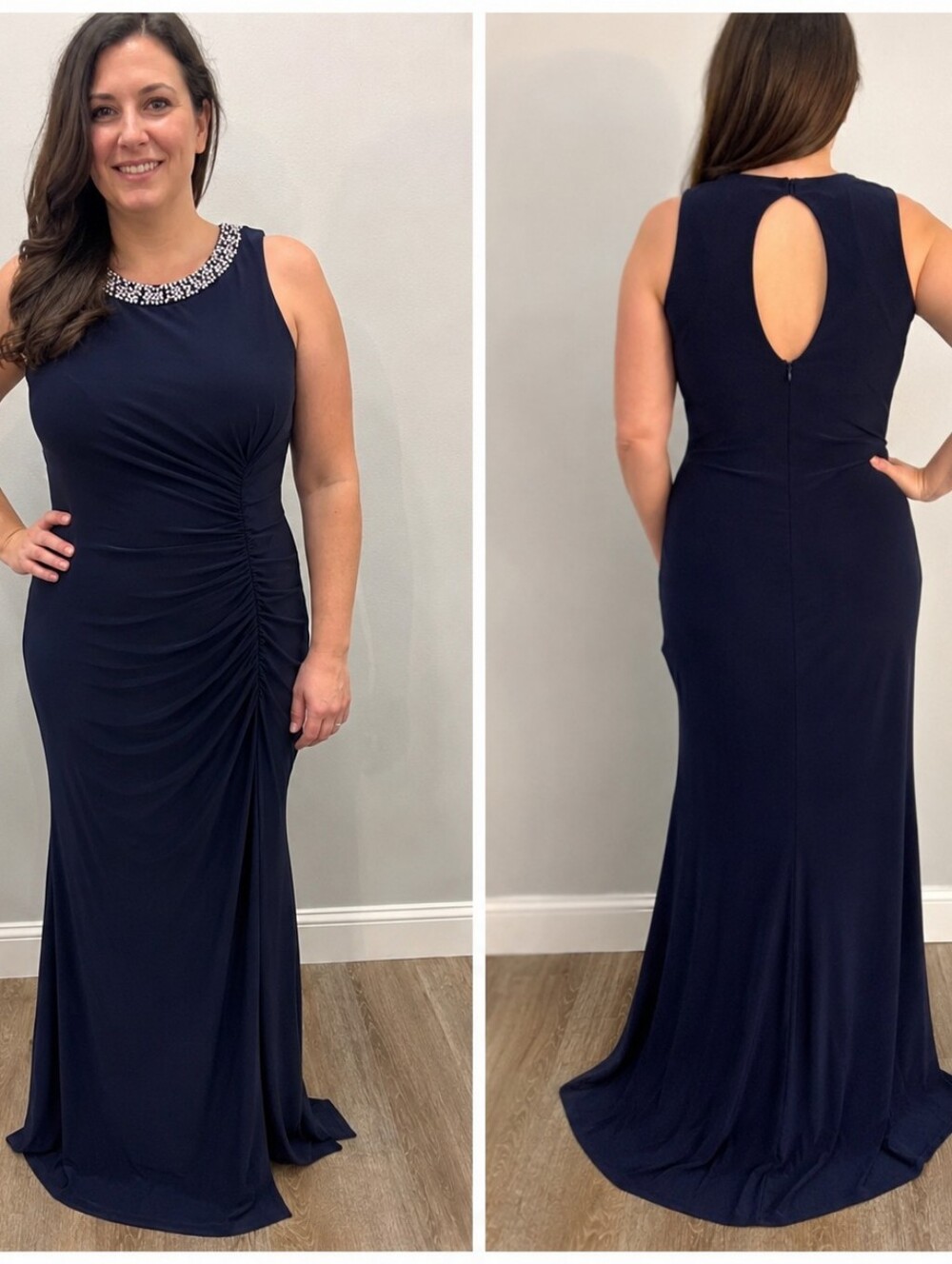 #1160 MSK Navy Blue Embellished Neck Evening Gown